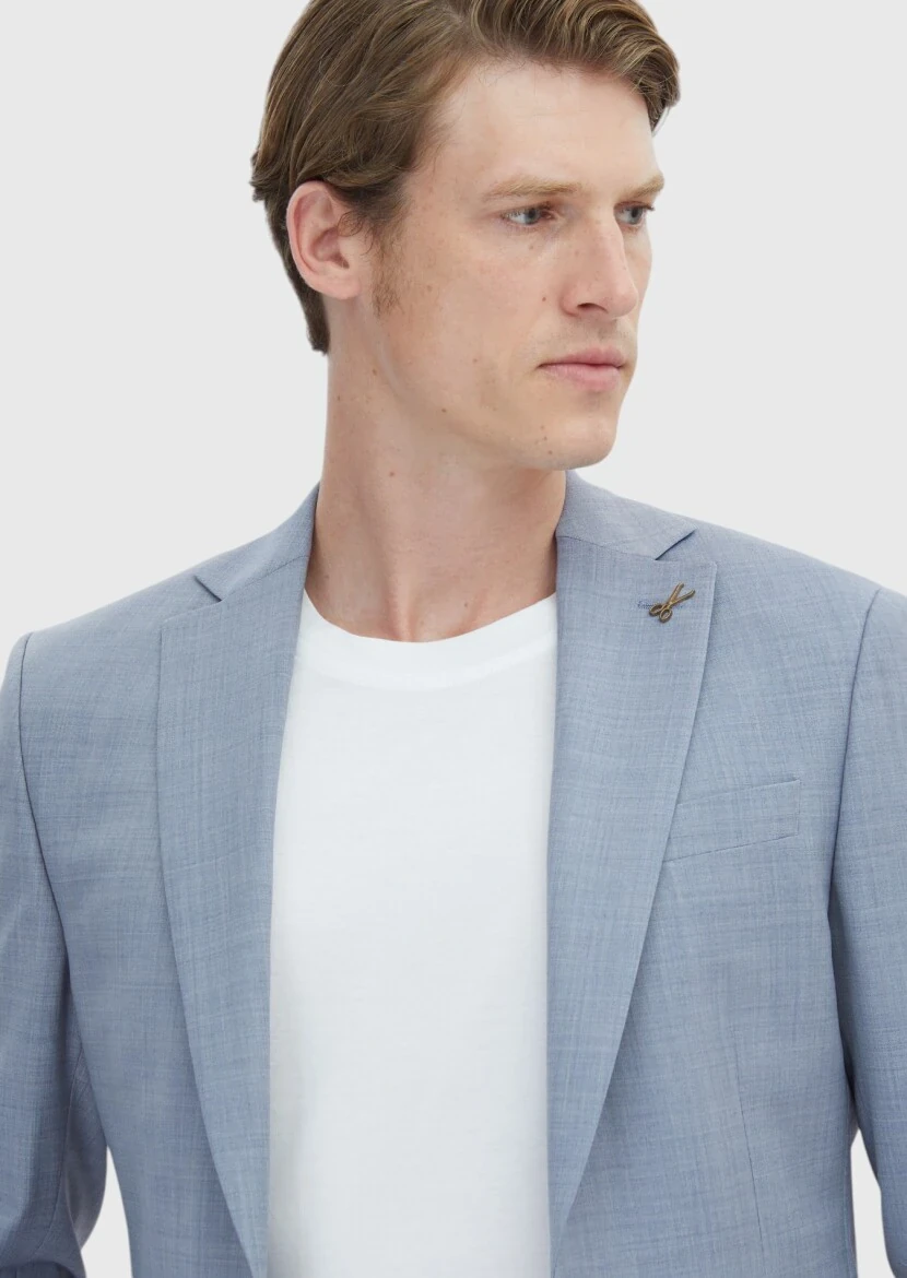 Light Blue Plain Modern Fit Wool Blended Suit - 3