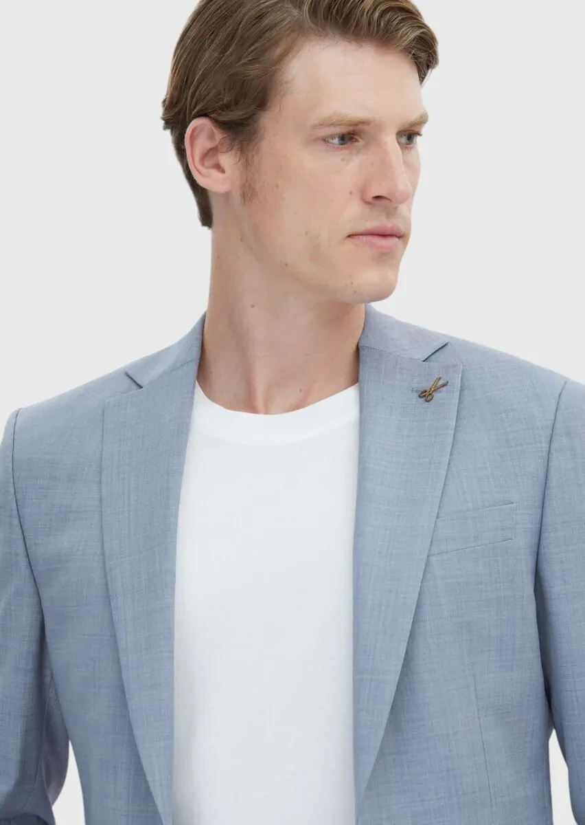 Light Blue Plain Modern Fit Wool Blended Suit - 3