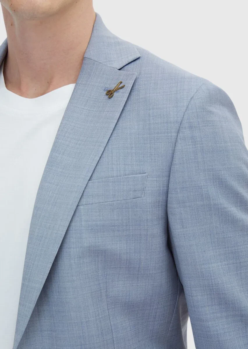 Light Blue Plain Modern Fit Wool Blended Suit - 4