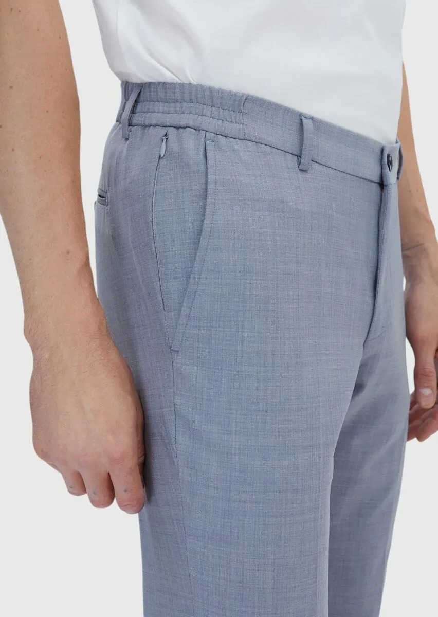 Light Blue Plain Modern Fit Wool Blended Suit - 5