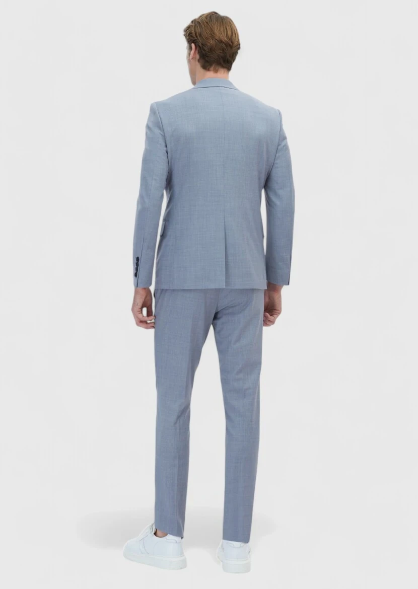 Light Blue Plain Modern Fit Wool Blended Suit - 7