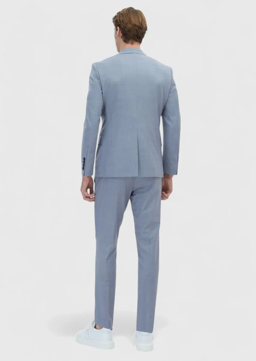 Light Blue Plain Modern Fit Wool Blended Suit - 7