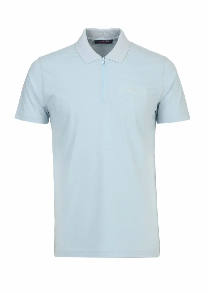 Light Blue Plain Polo Neck Cotton Blended T-Shirt - 6