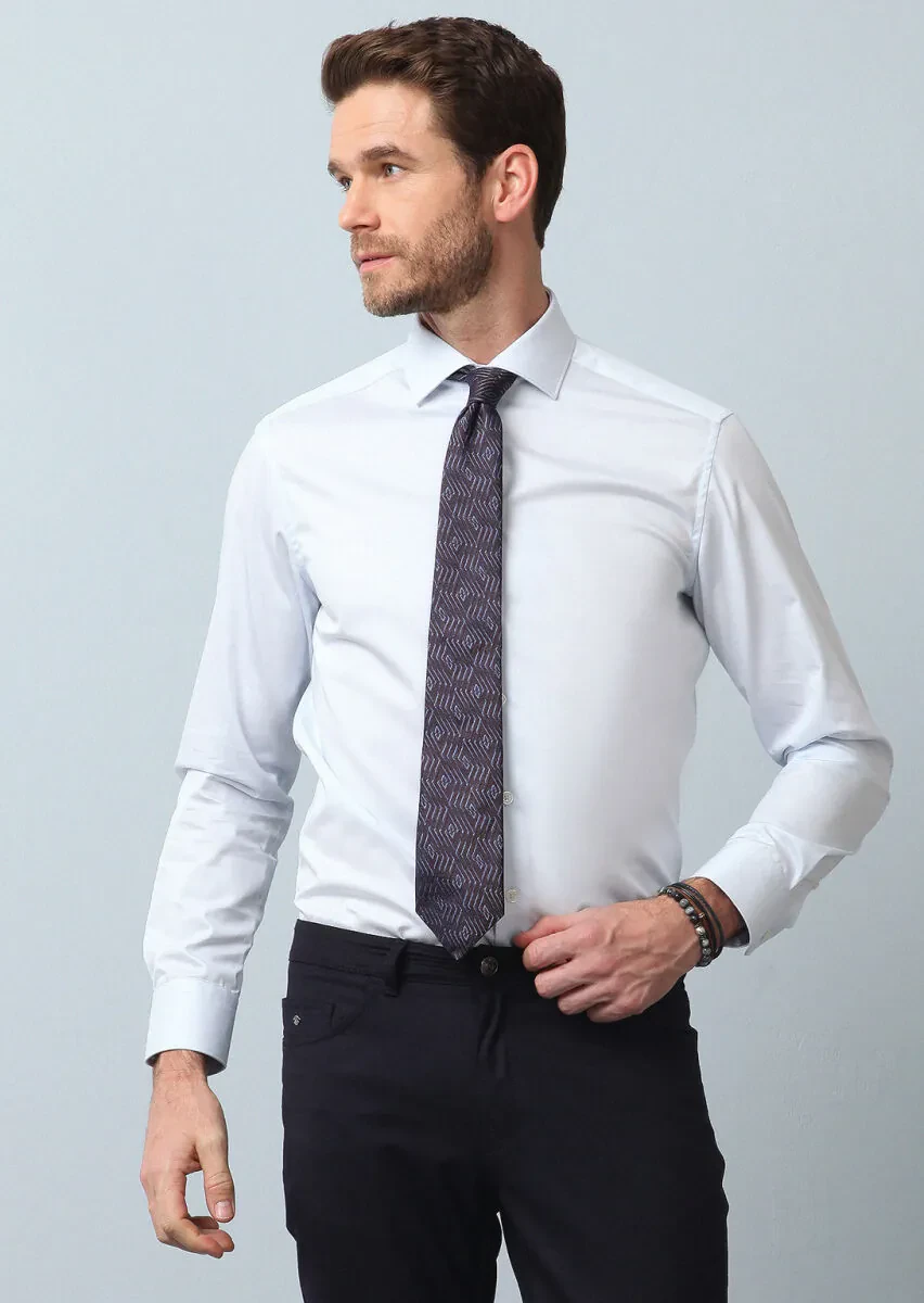 Light Blue Plain Regular Fit Weaving Classical 100% Cotton Shirt - 1