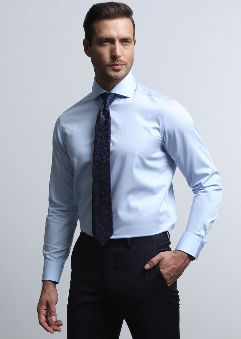 Light Blue Plain Regular Fit Weaving Classical 100% Cotton Shirt - RAMSEY