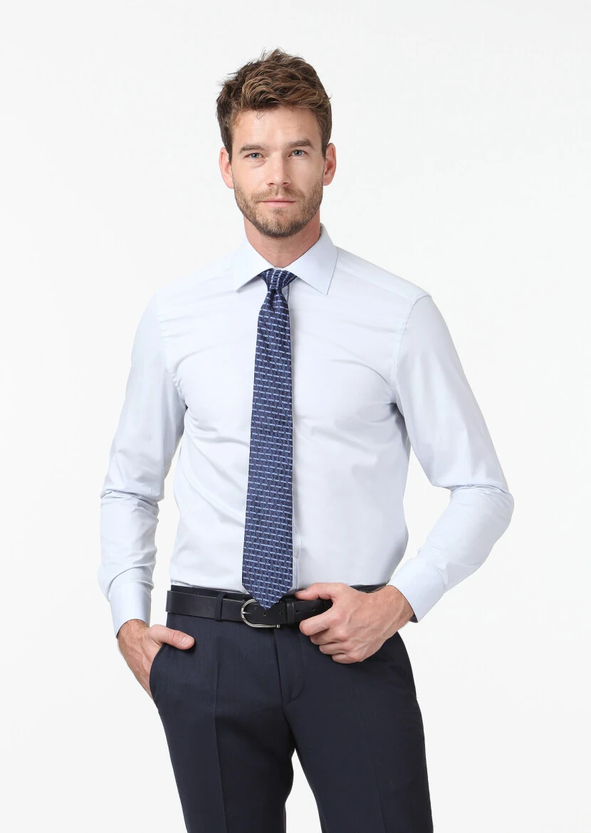 Light Blue Plain Regular Fit Weaving Classical Cotton Blended Shirt - RAMSEY