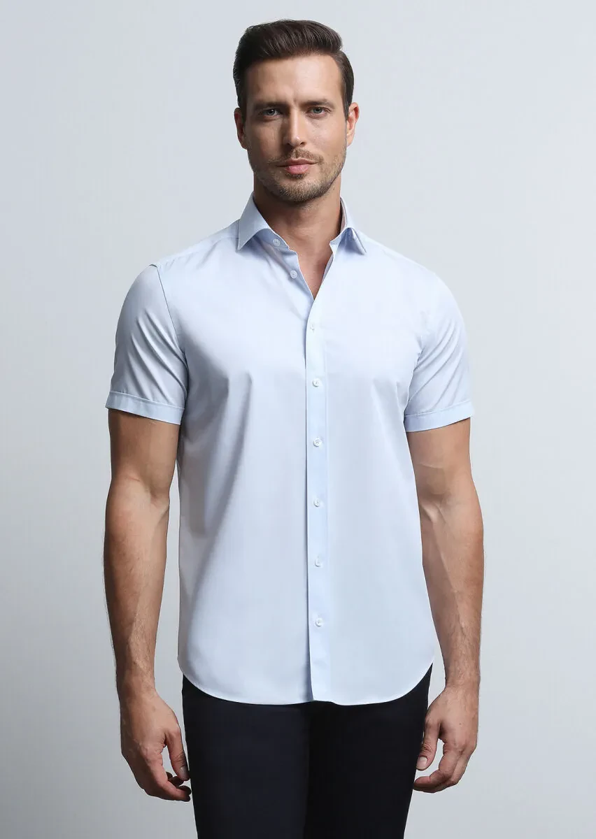 Light Blue Plain Regular Fit Weaving Classical Cotton Blended Shirt - 1