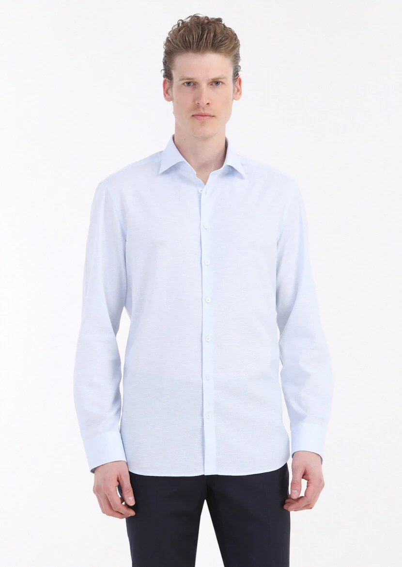 Light Blue Plain Regular Fit Weaving Classical Cotton Blended Shirt 