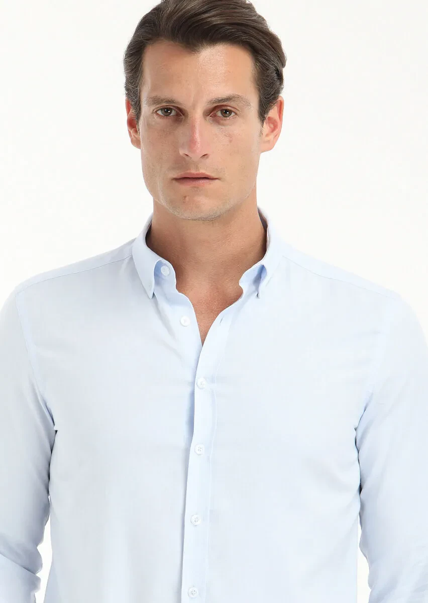 Light Blue Plain Slim Fit Weaving Casual 100% Cotton Shirt - 3