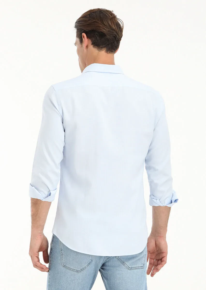 Light Blue Plain Slim Fit Weaving Casual 100% Cotton Shirt - 4