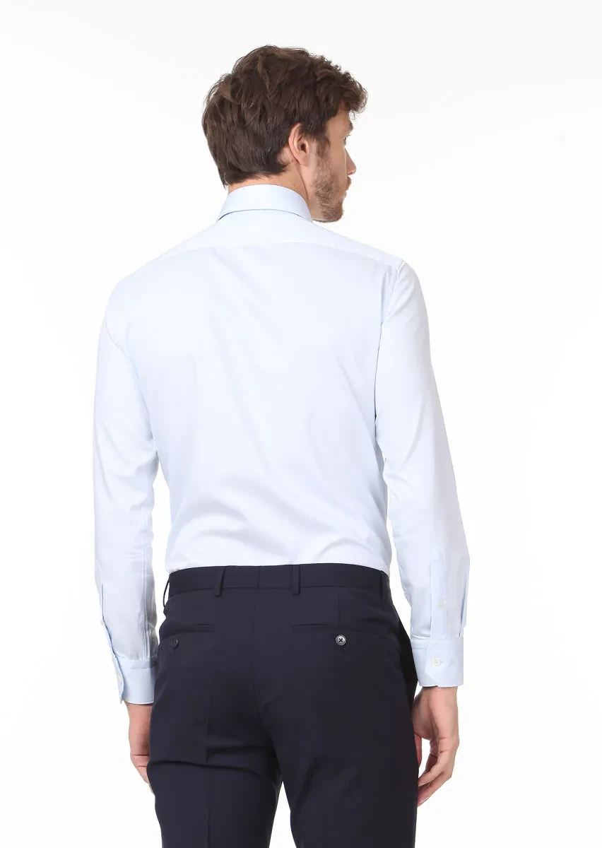 Light Blue Plain Slim Fit Weaving Classical 100% Cotton Shirt - 4