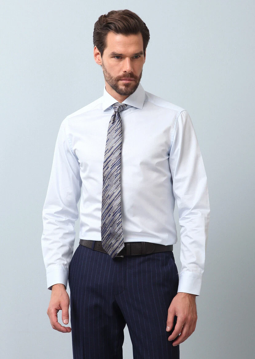 Light Blue Plain Slim Fit Weaving Classical 100% Cotton Shirt - RAMSEY