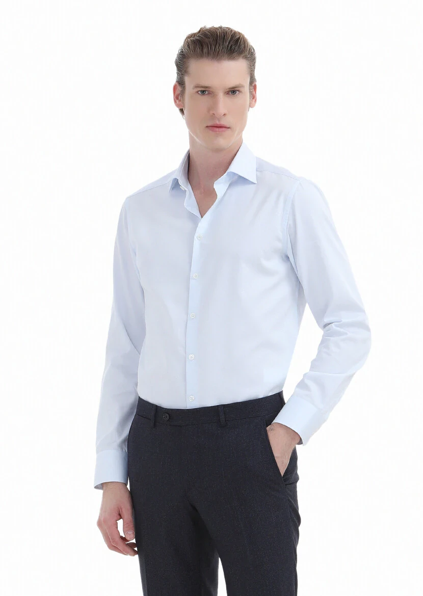 Light Blue Plain Slim Fit Weaving Classical 100% Cotton Shirt - RAMSEY