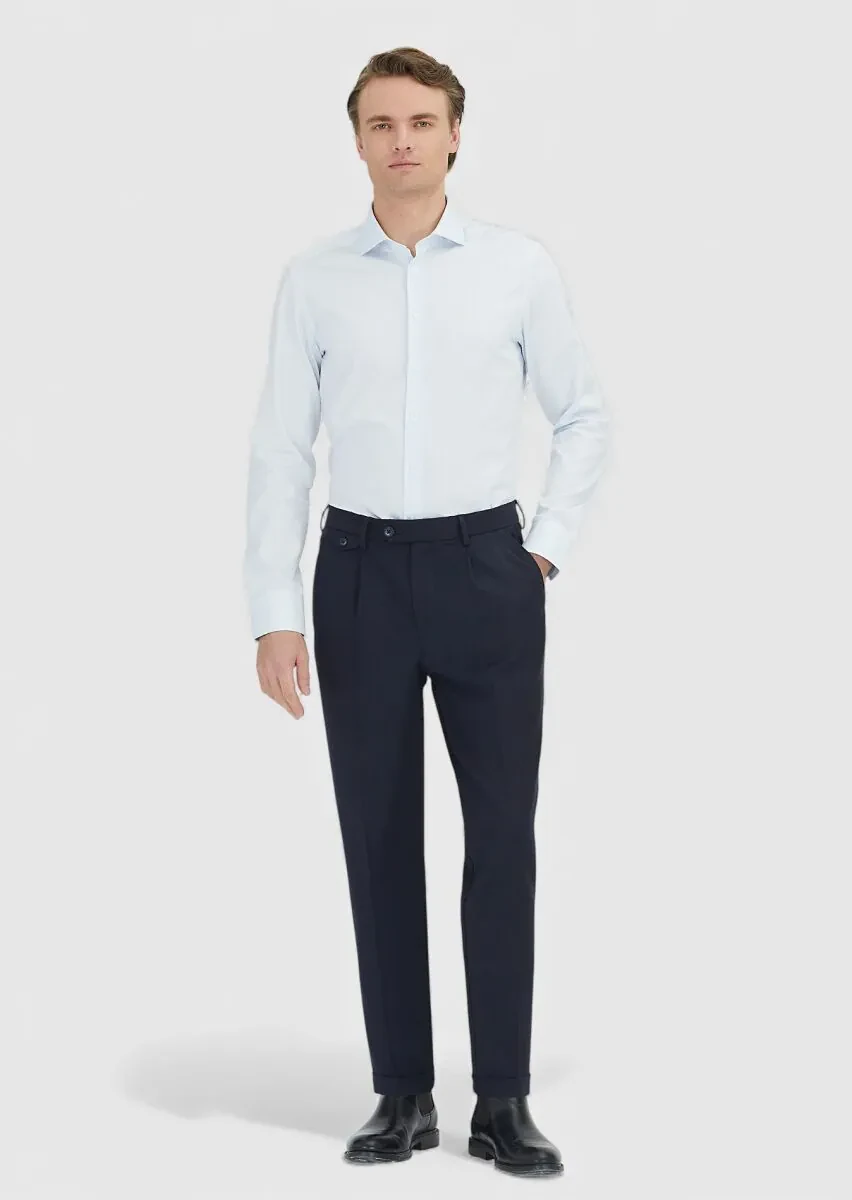 Light Blue Plain Slim Fit Weaving Classical 100% Cotton Shirt - 2