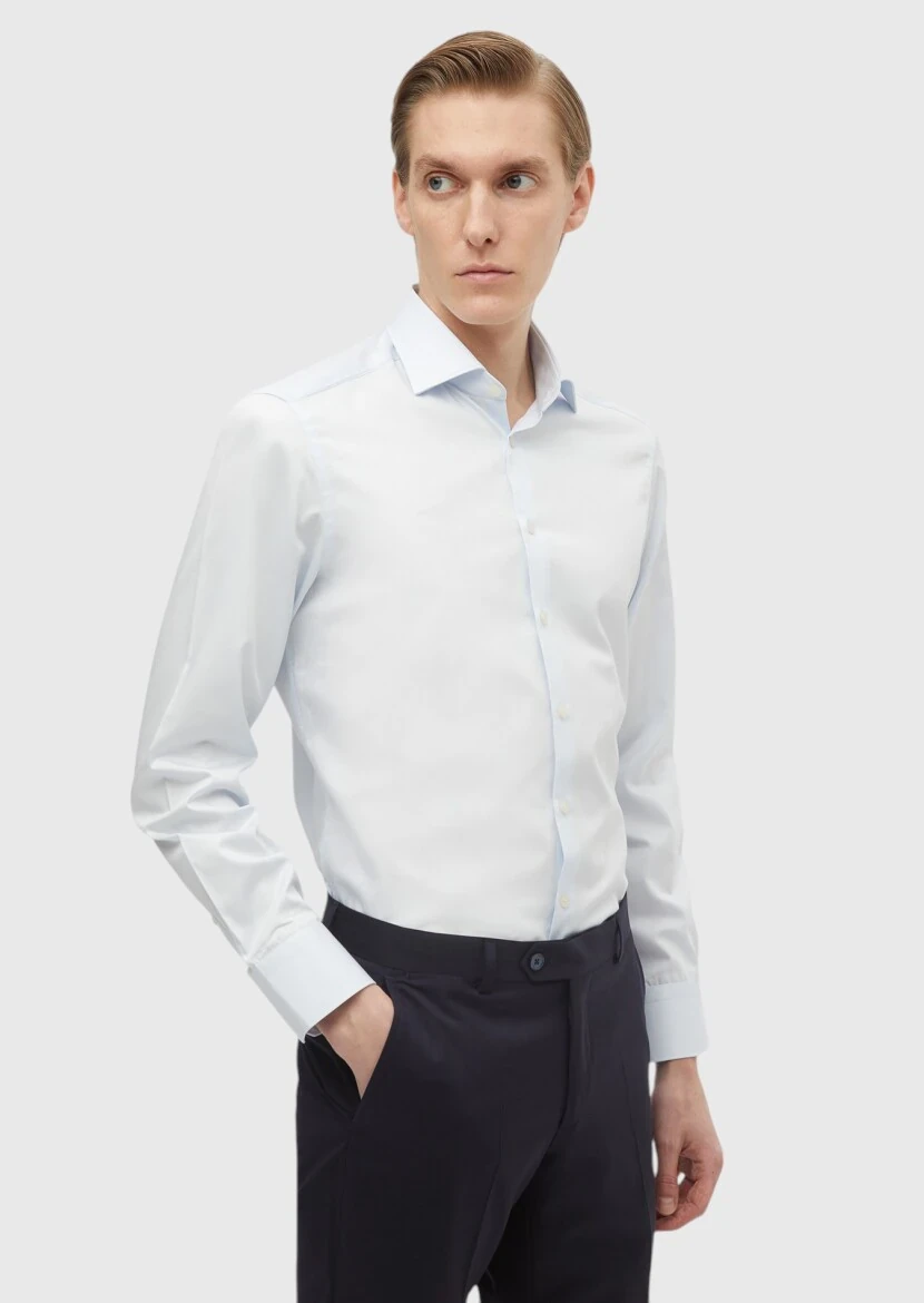 Light Blue Plain Slim Fit Weaving Classical 100% Cotton Shirt - RAMSEY