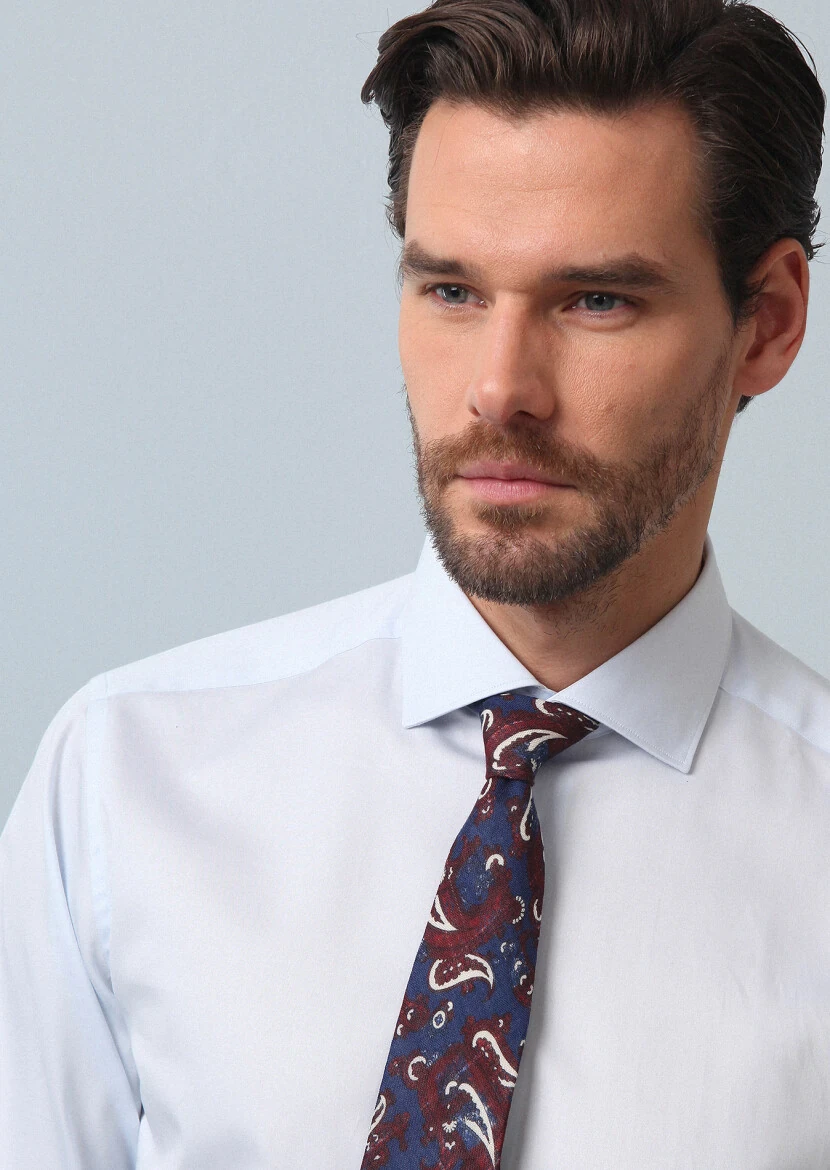 Light Blue Plain Slim Fit Weaving Classical Cotton Blended Shirt 