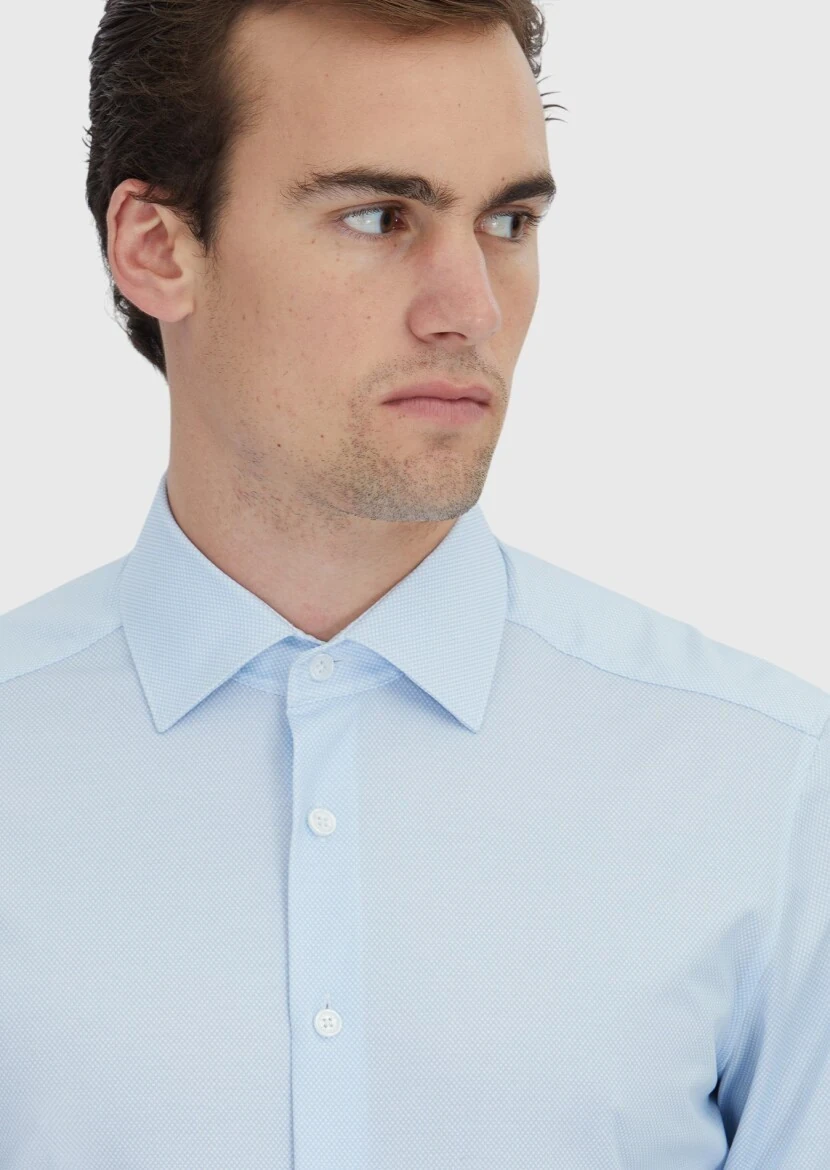 Light Blue Printed Regular Fit Knitting Classical Cotton Blended Shirt - 3