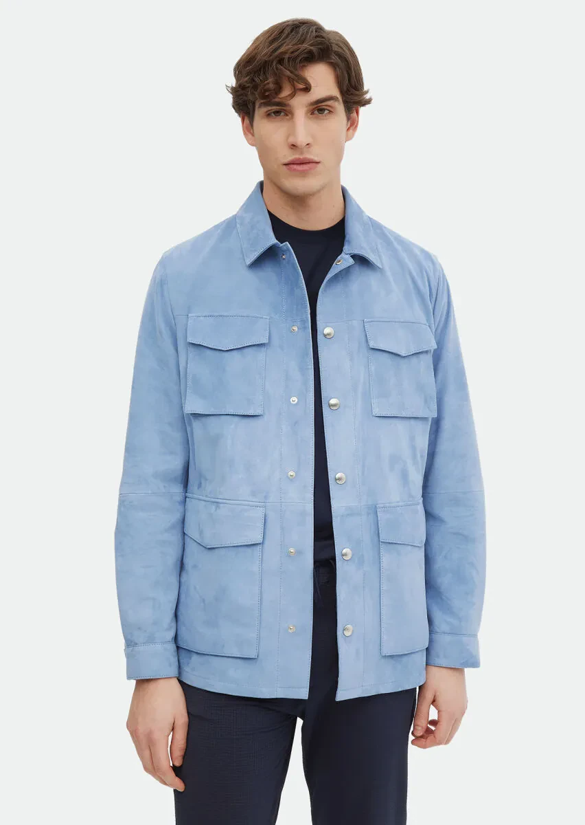 Light Blue Regular Fit Shirt Collar Casual Suede Leather Coat - 1