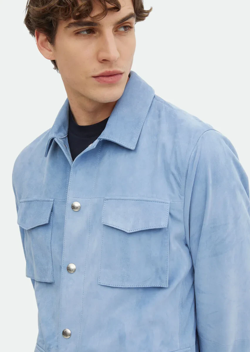 Light Blue Regular Fit Shirt Collar Casual Suede Leather Coat - 4