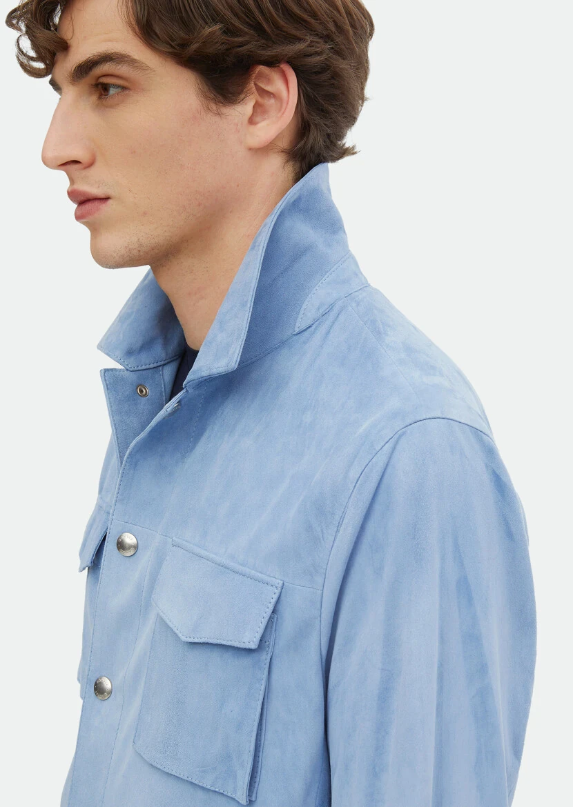 Light Blue Regular Fit Shirt Collar Casual Suede Leather Coat - 5