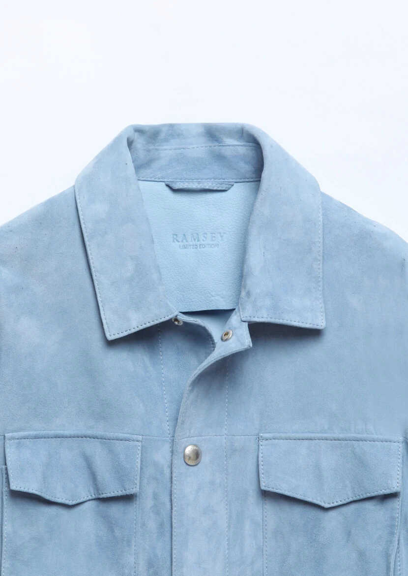 Light Blue Regular Fit Shirt Collar Casual Suede Leather Coat - 8