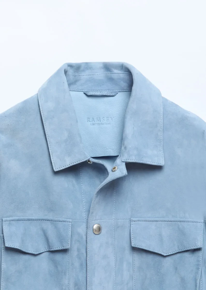 Light Blue Regular Fit Shirt Collar Casual Suede Leather Coat - 8