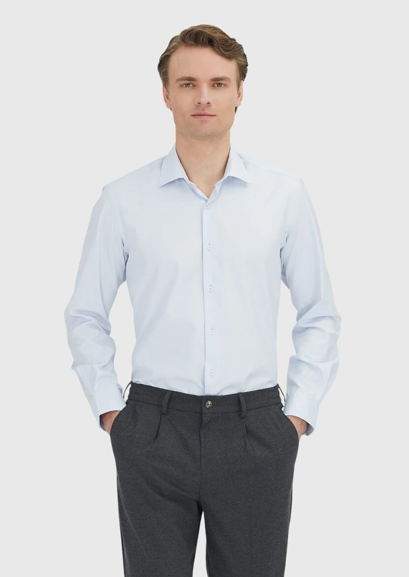 Light Blue Regular Fit Weaving Classical 100% Cotton Shirt - 1