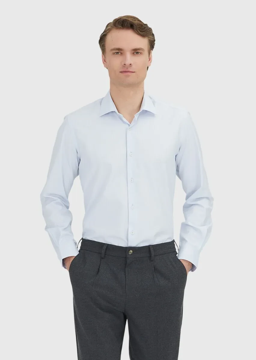 Light Blue Regular Fit Weaving Classical 100% Cotton Shirt - 1