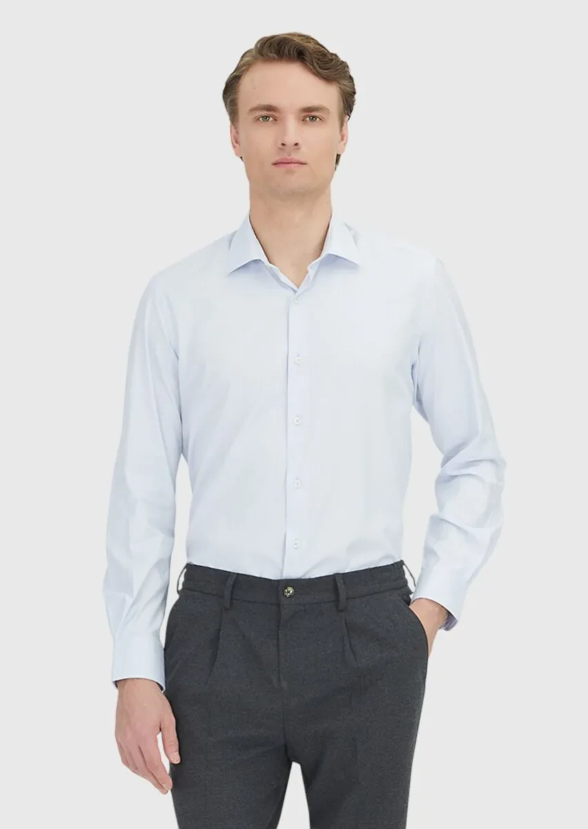 Light Blue Regular Fit Weaving Classical 100% Cotton Shirt - 2