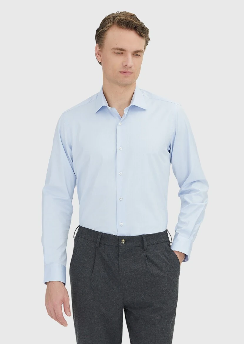 Light Blue Regular Fit Weaving Classical 100% Cotton Shirt - 3