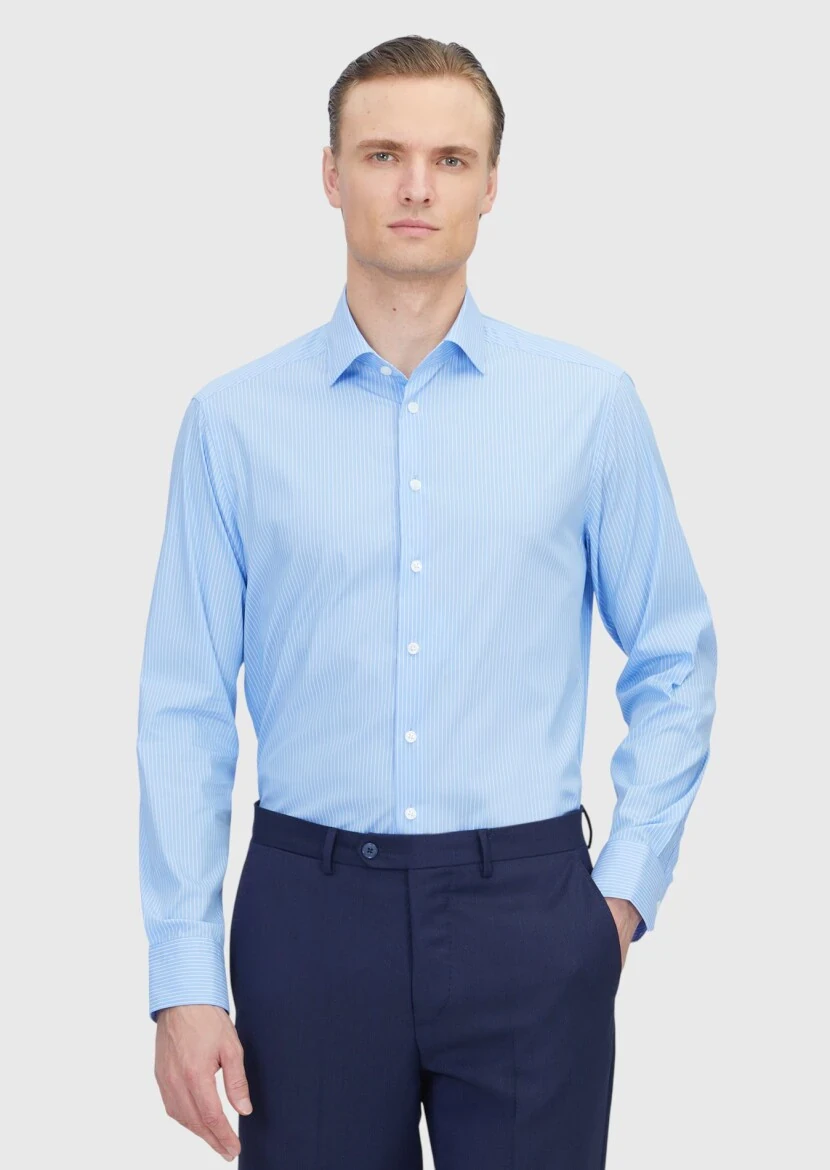 Light Blue Regular Fit Weaving Classical Cotton Blended Shirt - RAMSEY
