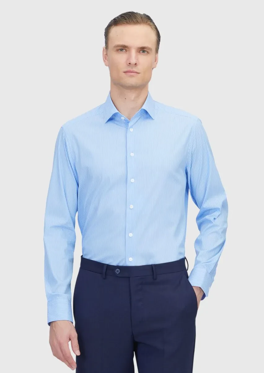 Light Blue Regular Fit Weaving Classical Cotton Blended Shirt - 1