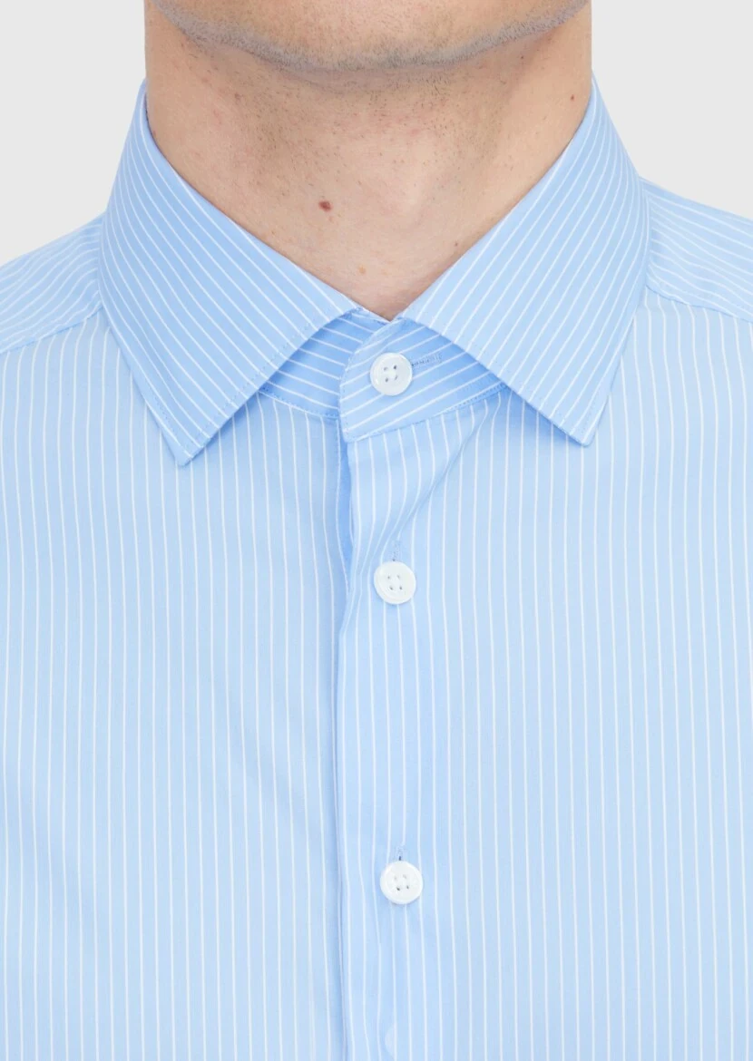 Light Blue Regular Fit Weaving Classical Cotton Blended Shirt - 5