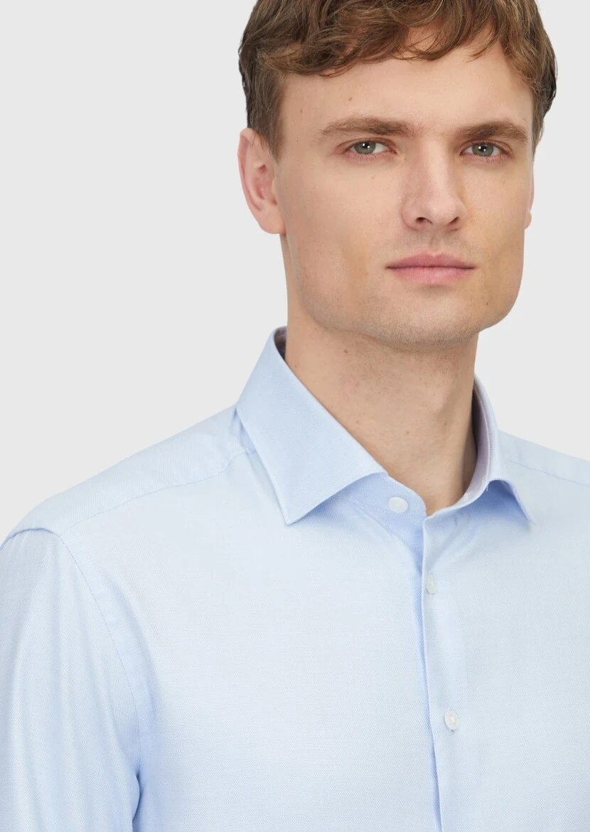 Light Blue Regular Fit Weaving Classical Cotton Blended Shirt - 3