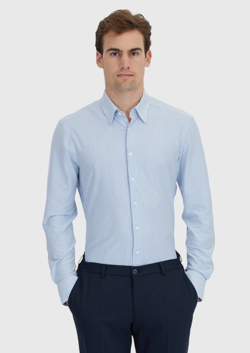 Light Blue Striped Regular Fit Knitting Classical Cotton Blended Shirt - RAMSEY