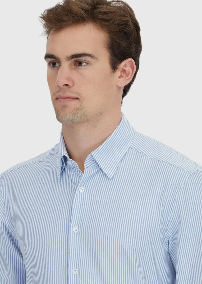 Light Blue Striped Regular Fit Knitting Classical Cotton Blended Shirt - 3