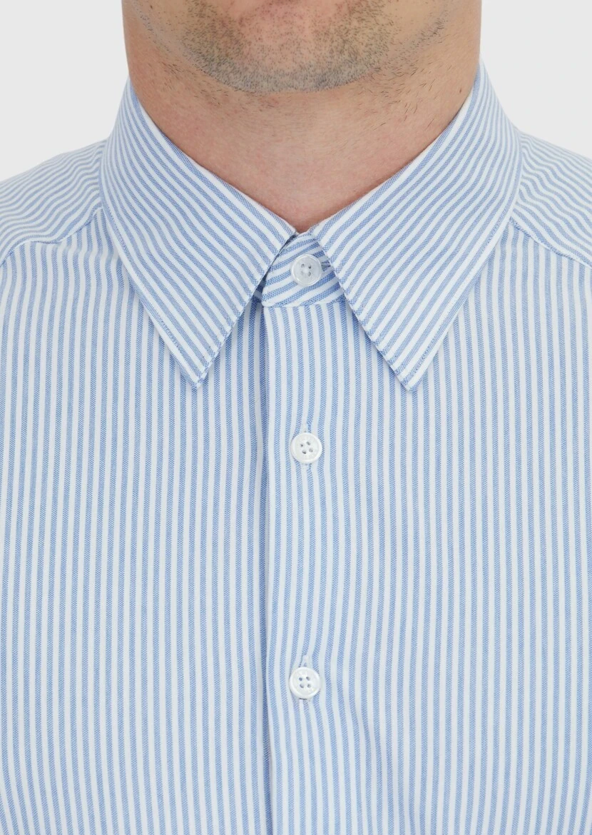 Light Blue Striped Regular Fit Knitting Classical Cotton Blended Shirt - 4