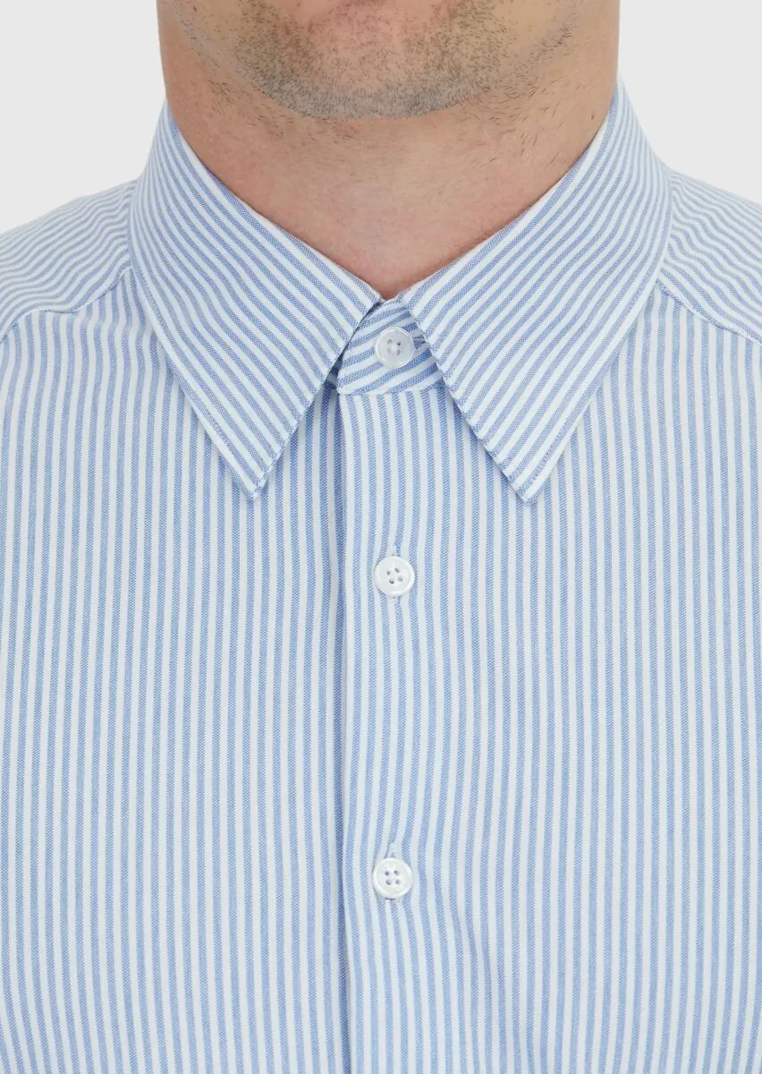 Light Blue Striped Regular Fit Knitting Classical Cotton Blended Shirt - 4