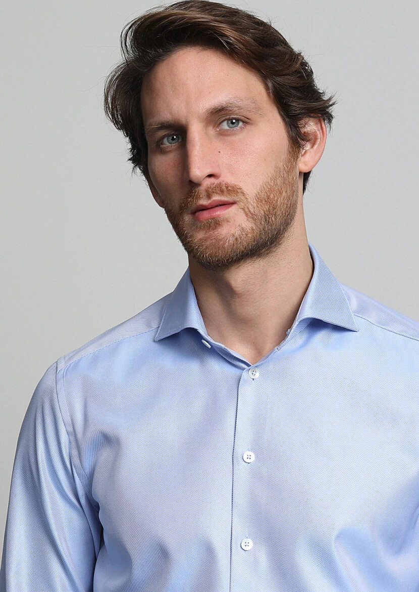 Light Blue Striped Regular Fit Weaving Classical 100% Cotton Shirt - 1