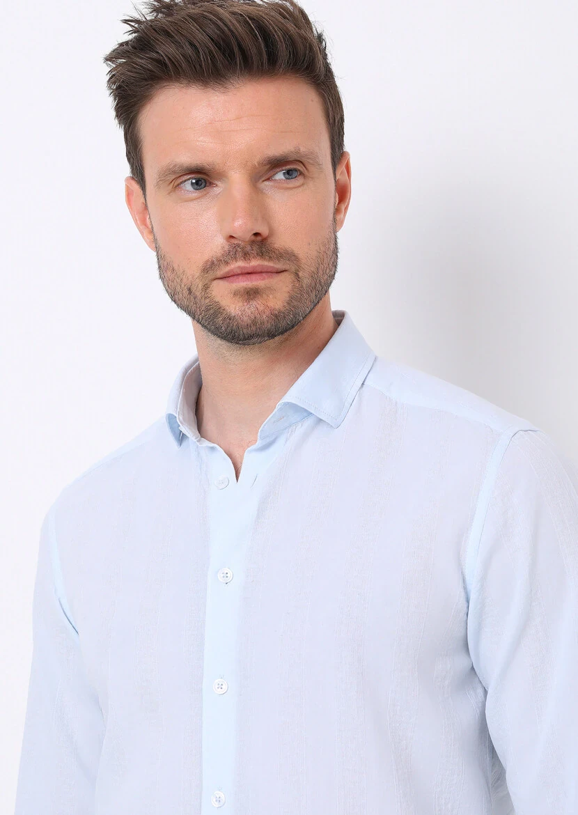 Light Blue Striped Slim Fit Weaving Casual 100% Cotton Shirt 