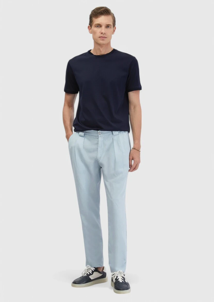 Light Blue Weaving Jogging Fit Casual Cotton Blended Trousers - RAMSEY