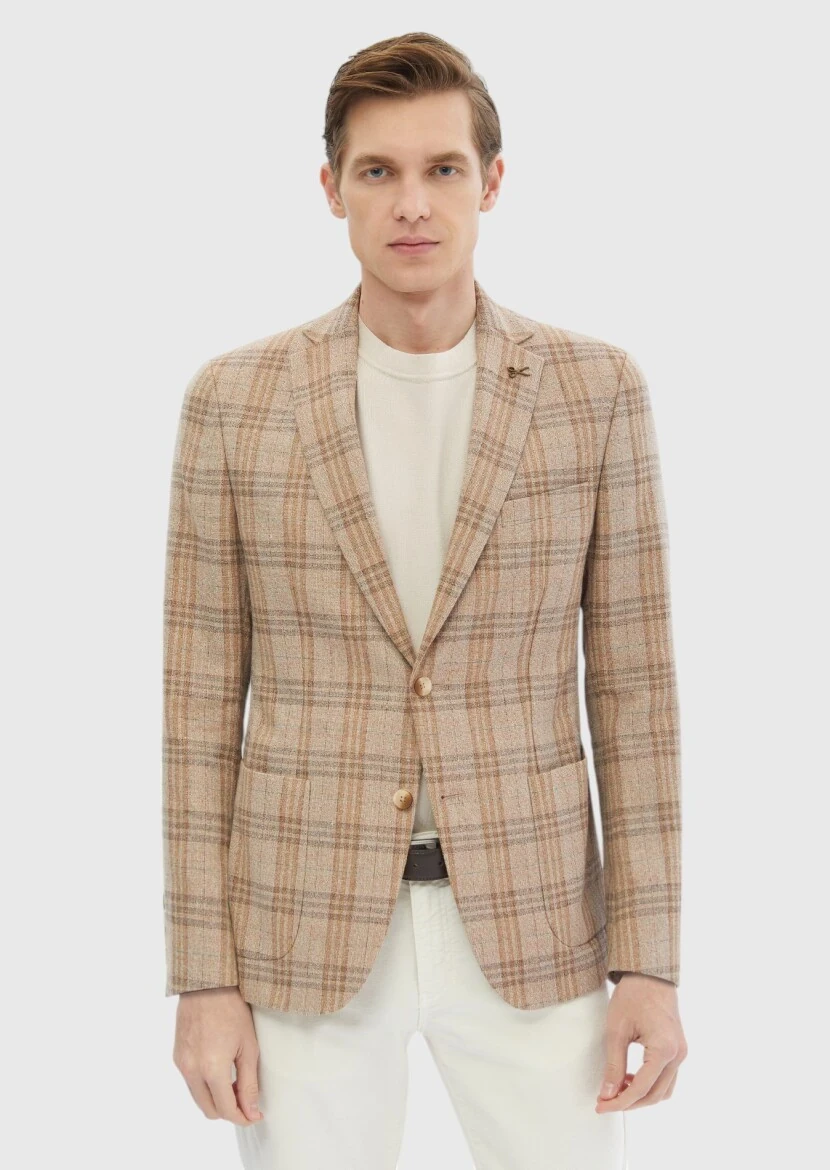 Light Brown Checkered Zeroweight Slim Fit Wool Blended Jacket - 1