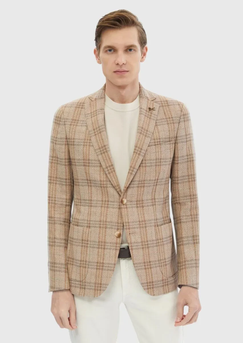 Light Brown Checkered Zeroweight Slim Fit Wool Blended Jacket - 1