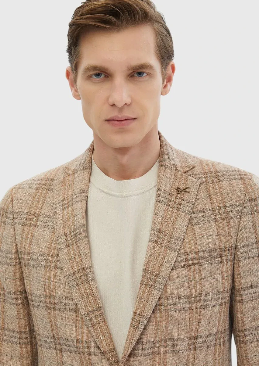 Light Brown Checkered Zeroweight Slim Fit Wool Blended Jacket - 5