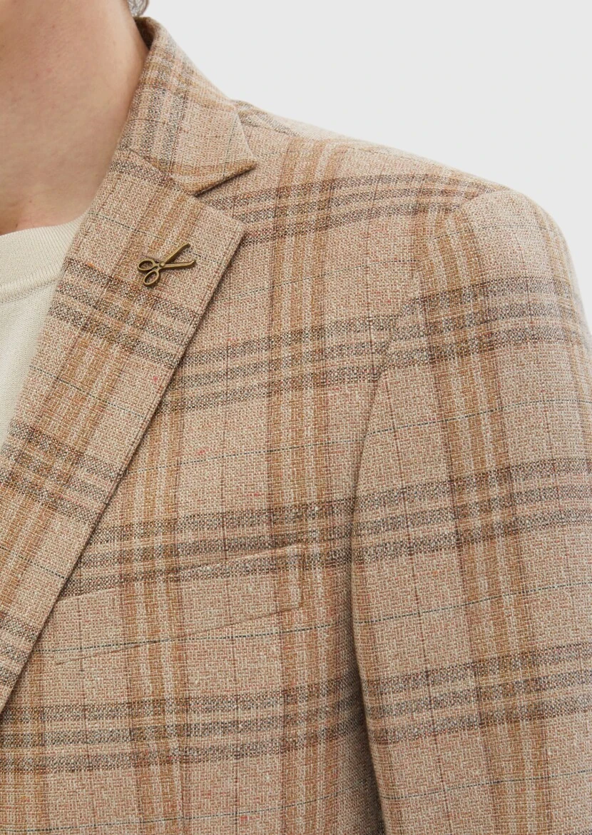 Light Brown Checkered Zeroweight Slim Fit Wool Blended Jacket - 6