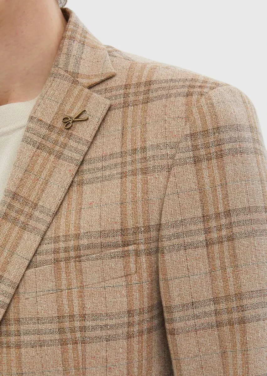Light Brown Checkered Zeroweight Slim Fit Wool Blended Jacket - 6