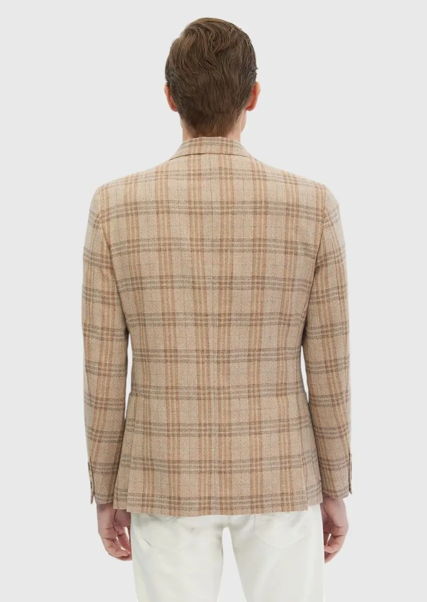 Light Brown Checkered Zeroweight Slim Fit Wool Blended Jacket - 7