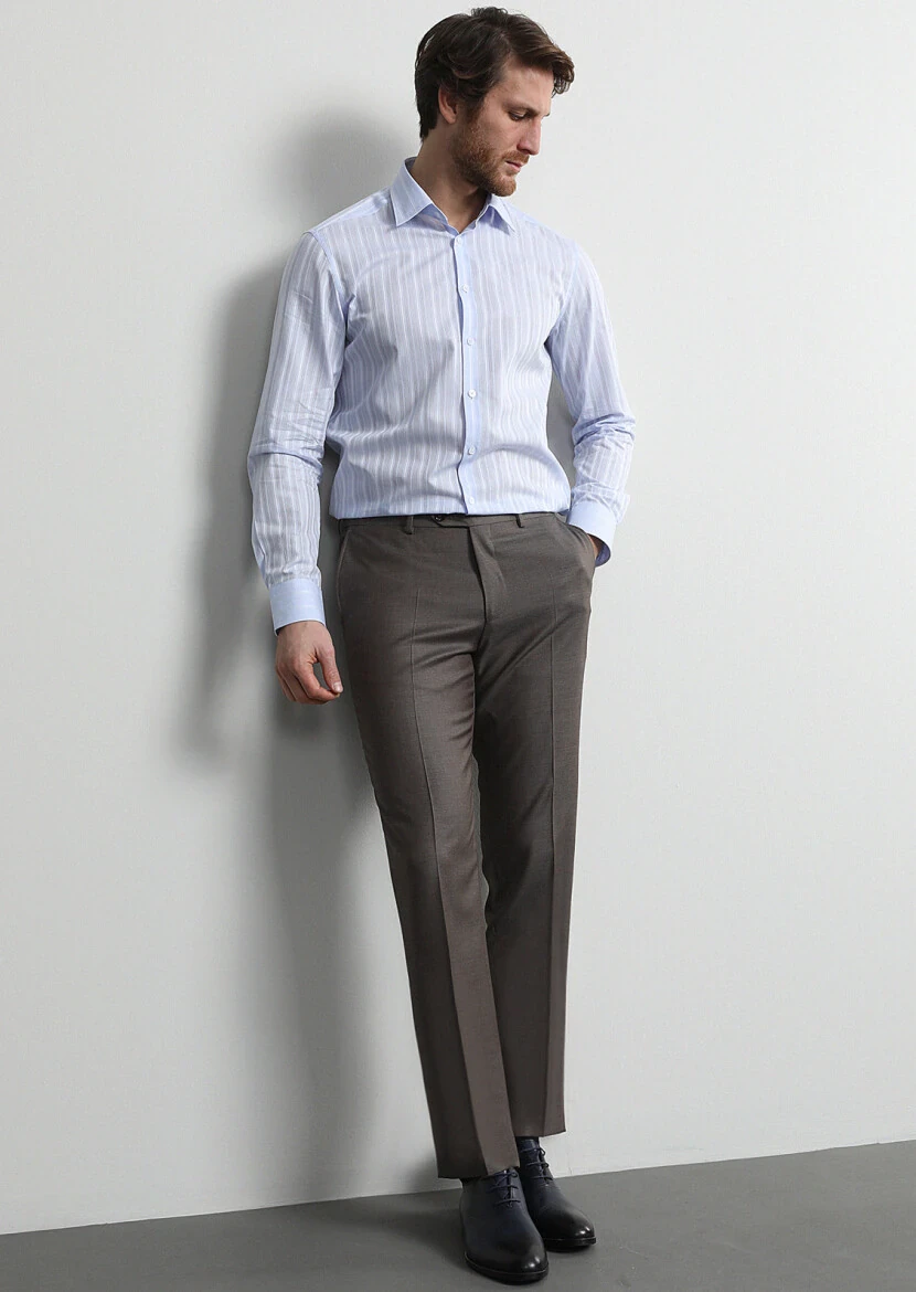 Light Brown Material Regular Fit Classical 100% Wool Trousers - 1