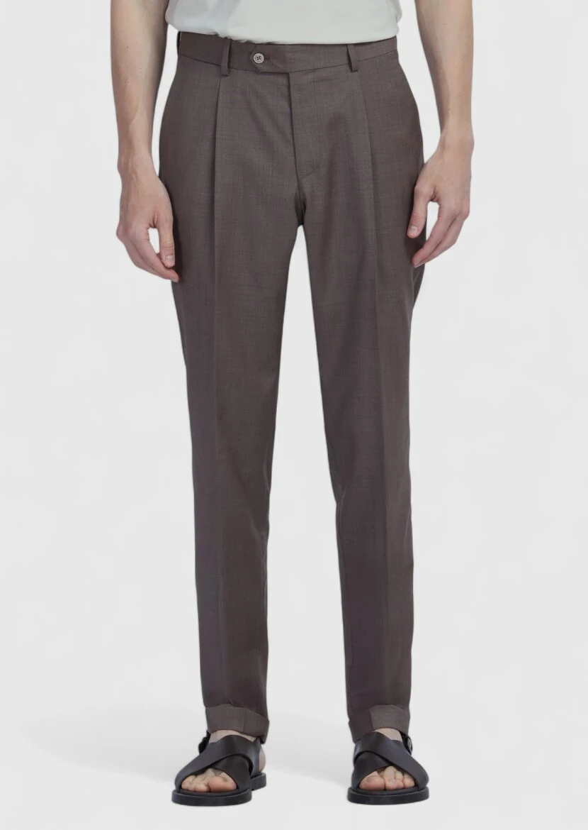 Light Brown Material Slim Fit Casual 100% Wool Trousers - RAMSEY