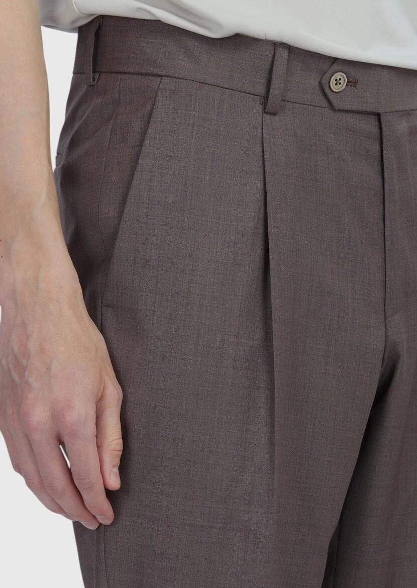 Light Brown Material Slim Fit Casual 100% Wool Trousers - 3